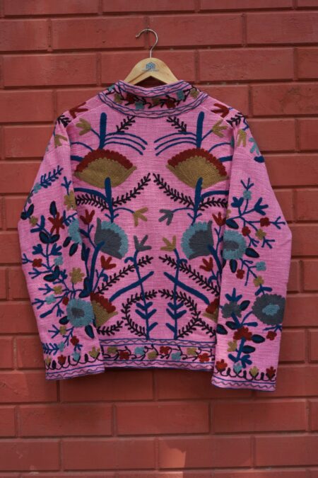 Womens Pink Velvet Embroidered Jacket with Floral Design
